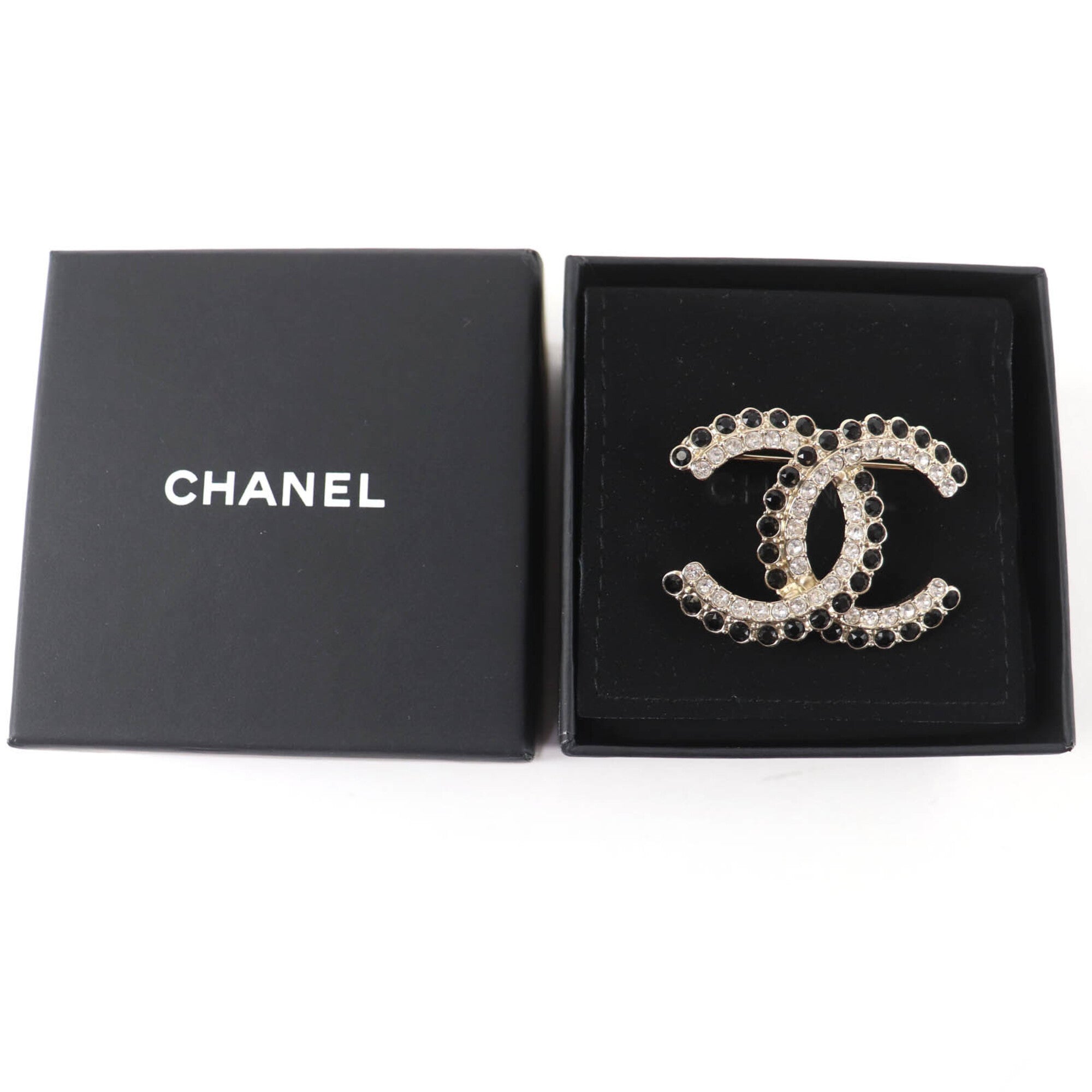 CHANEL A22B Coco Mark Brooch, 2022 Model, Large, Gold Tone, Black Stone, Clear Black, Comes with Box and Dust Bag, Made in Italy, Women's — Like New
