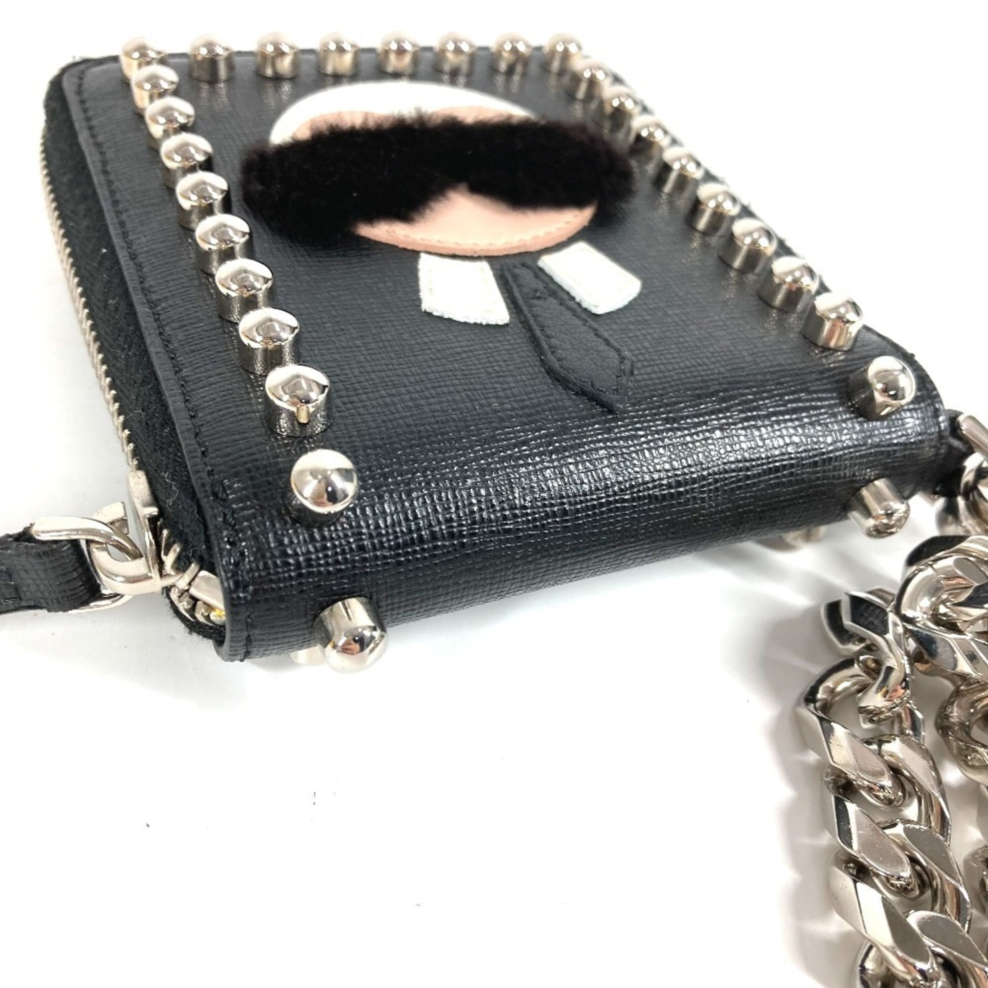 FENDI 7M0197 Karl Lagerfeld Round Zip Compact Wallet with Chain, Black Leather, Men's and Women's