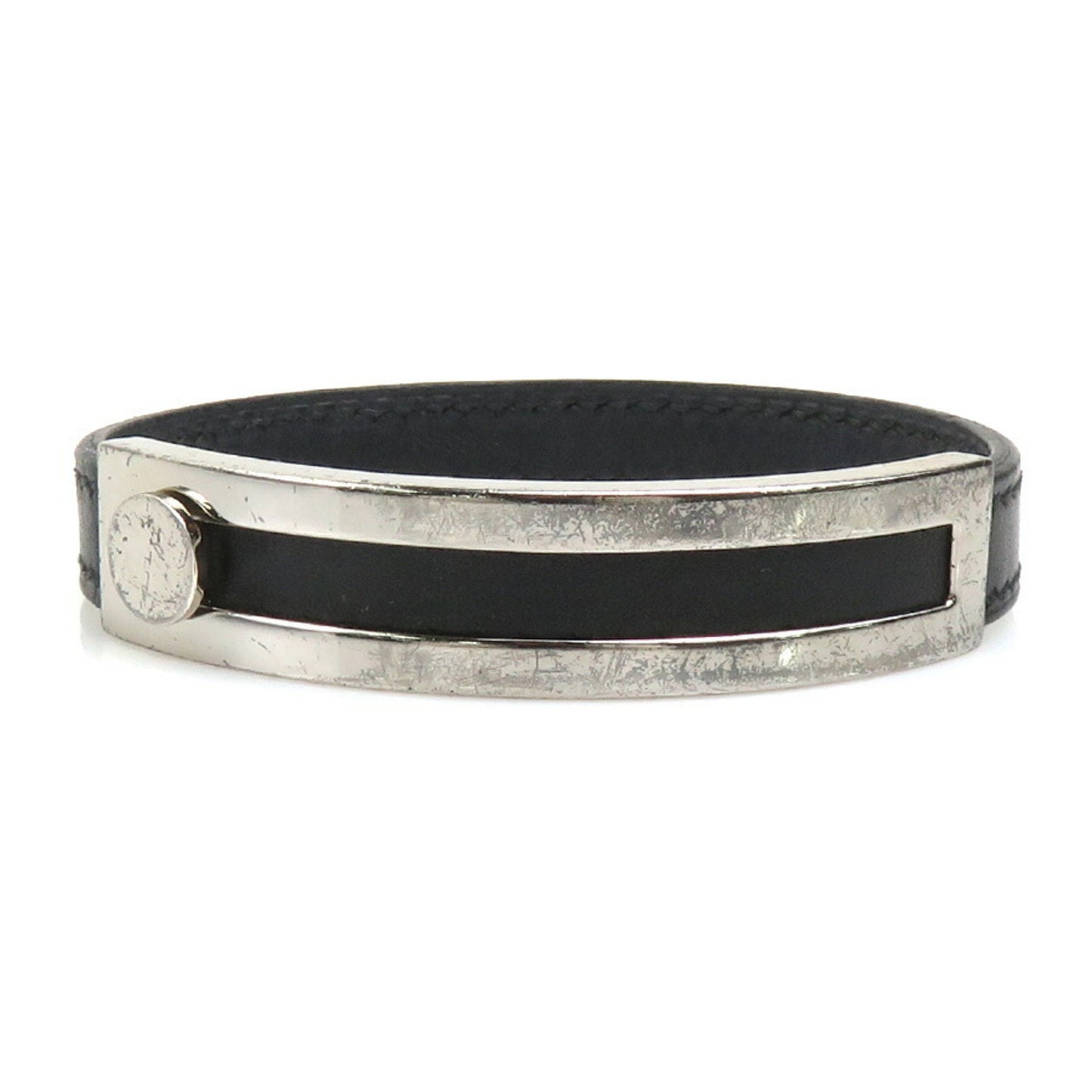 Hermes Hermès Puspus Bracelet, Leather, Metal, Black, Silver, Men's/Women's, 56347a