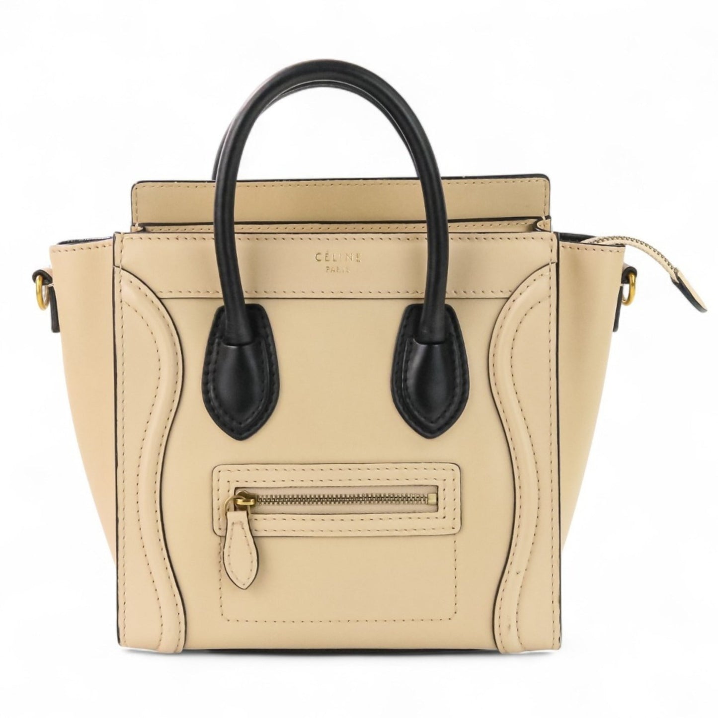 CELINE Luggage Nano Shopper 2-Way Tote Bag/Shoulder Bag in Two-Tone Beige and Black for Women