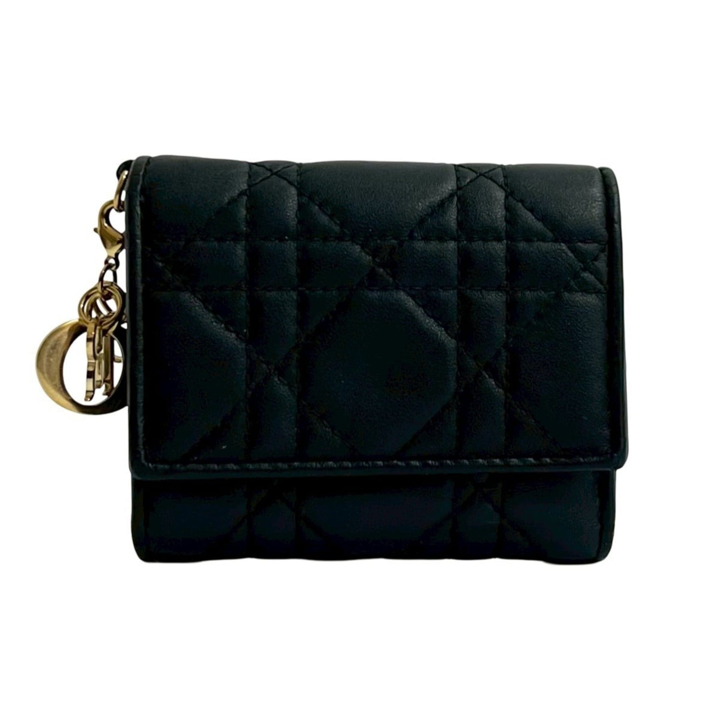 Christian Dior Cannage Stitch Logo Leather Tri-fold Wallet, Mini, Black, 13140