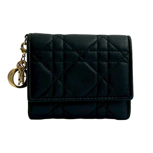 Christian Dior Cannage Stitch Logo Leather Tri-fold Wallet, Mini, Black, 13140