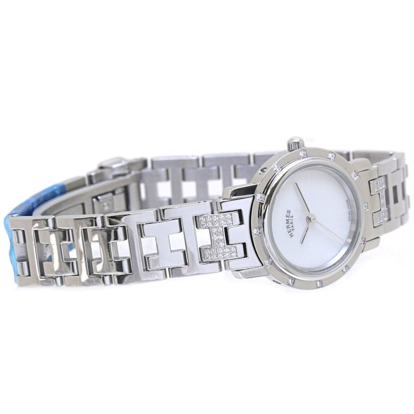 HERMES Clipper Nakreh (old buckle) women's watch CL4.230.215 3869 with 12 diamond bezel and bracelet in stainless steel (40047)