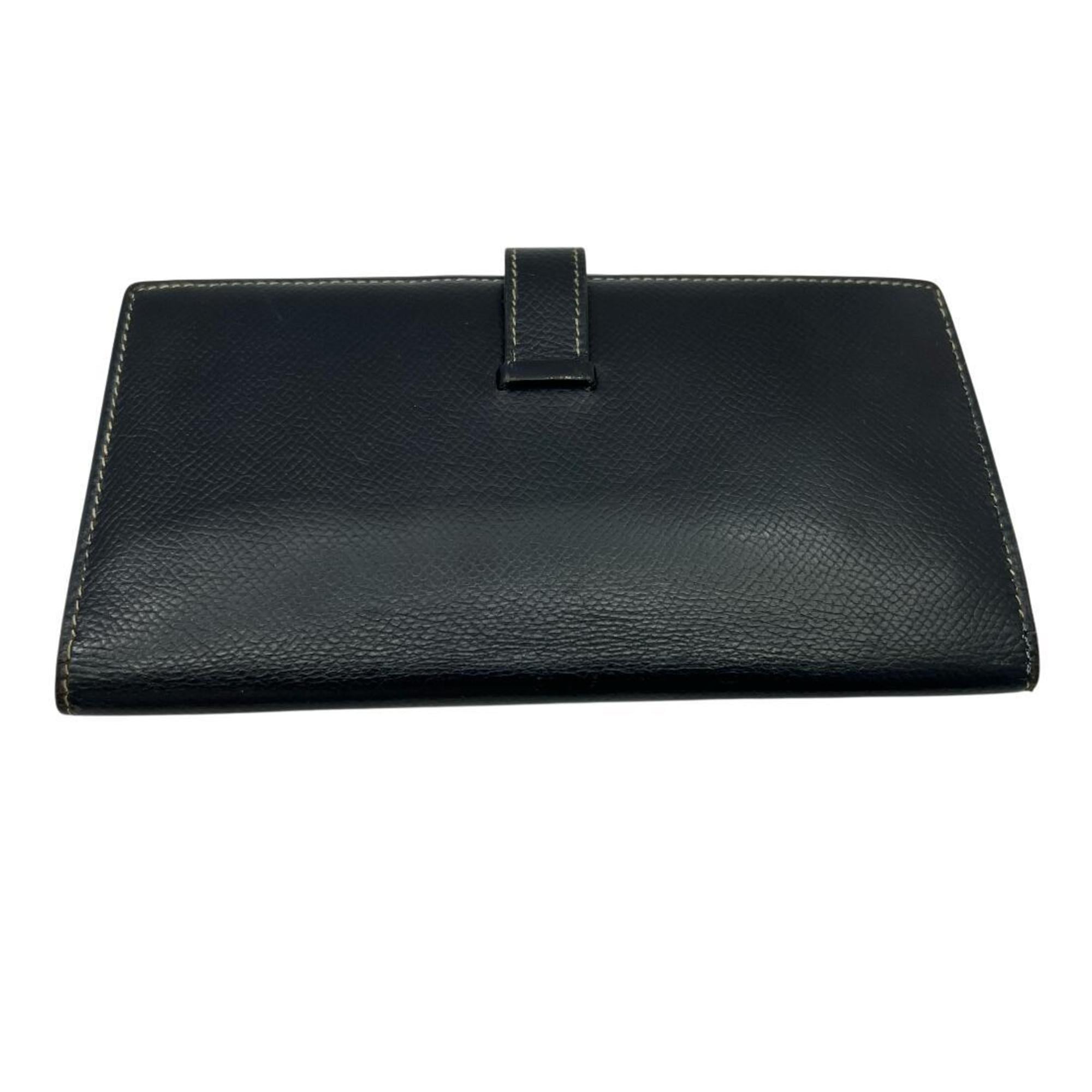HERMES Bearn Classic Long Wallet, Couchvel, Navy Blue, E Stamp, Made in 2001, Men's and Women's