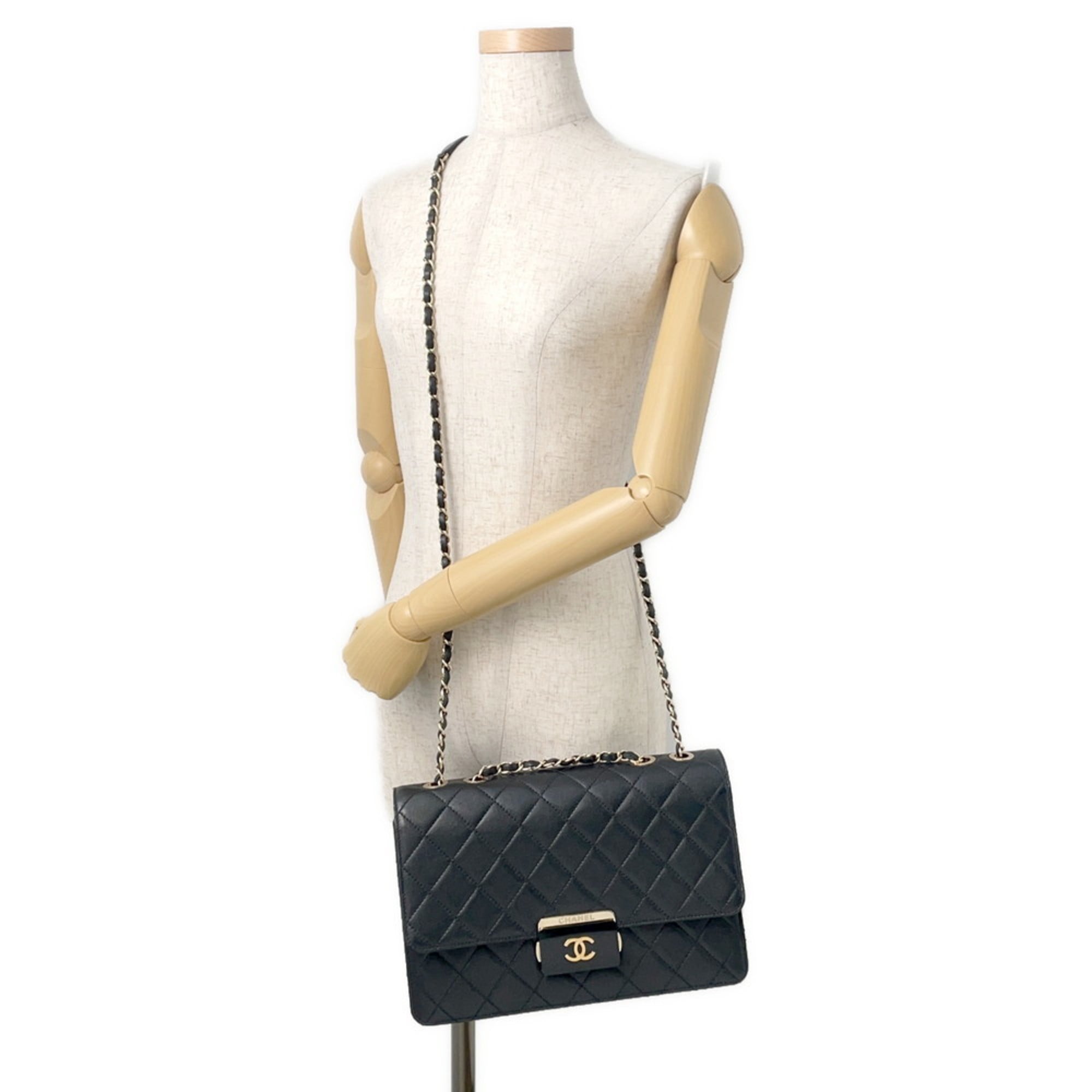 CHANEL Chain Shoulder Bag, Coco Mark, Beauty Lock, Matelasse Leather, A93223, Black