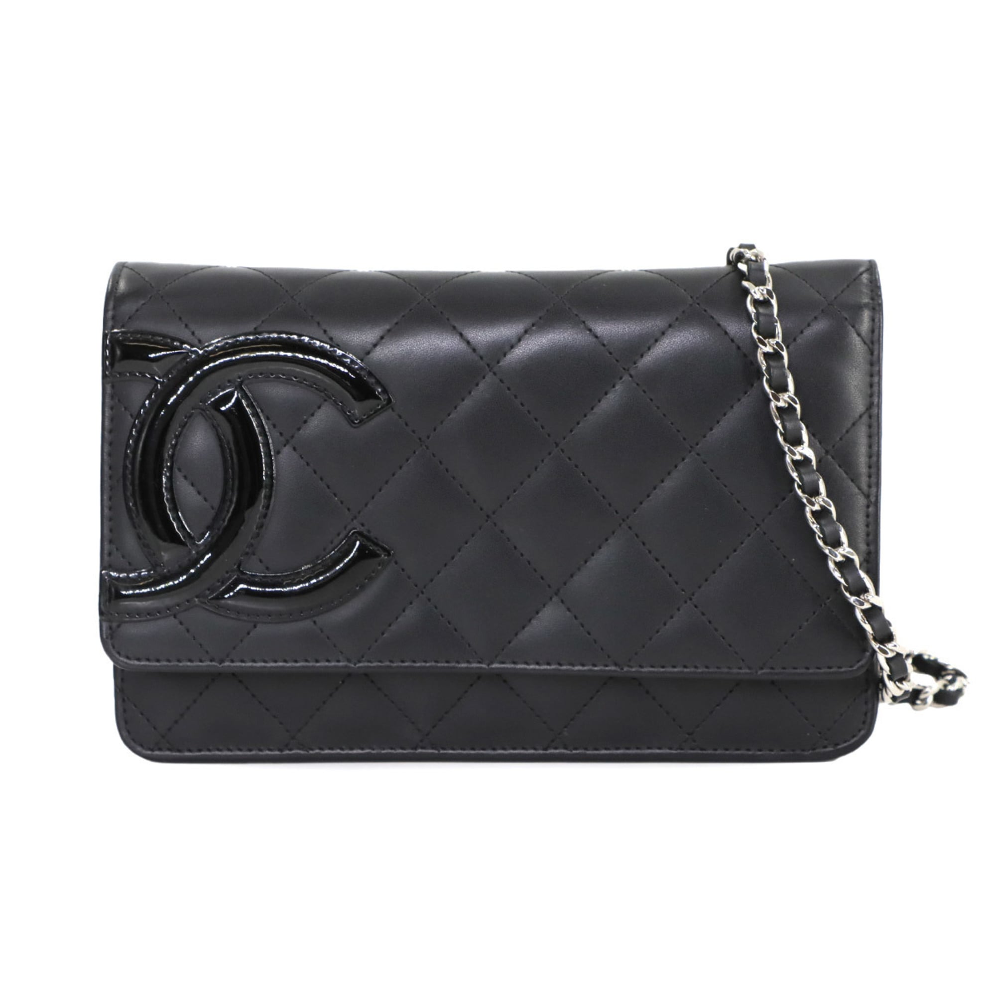 CHANEL Cambon Line Chain Wallet, Bifold Long Wallet in Calfskin Enamel, Black, A46646