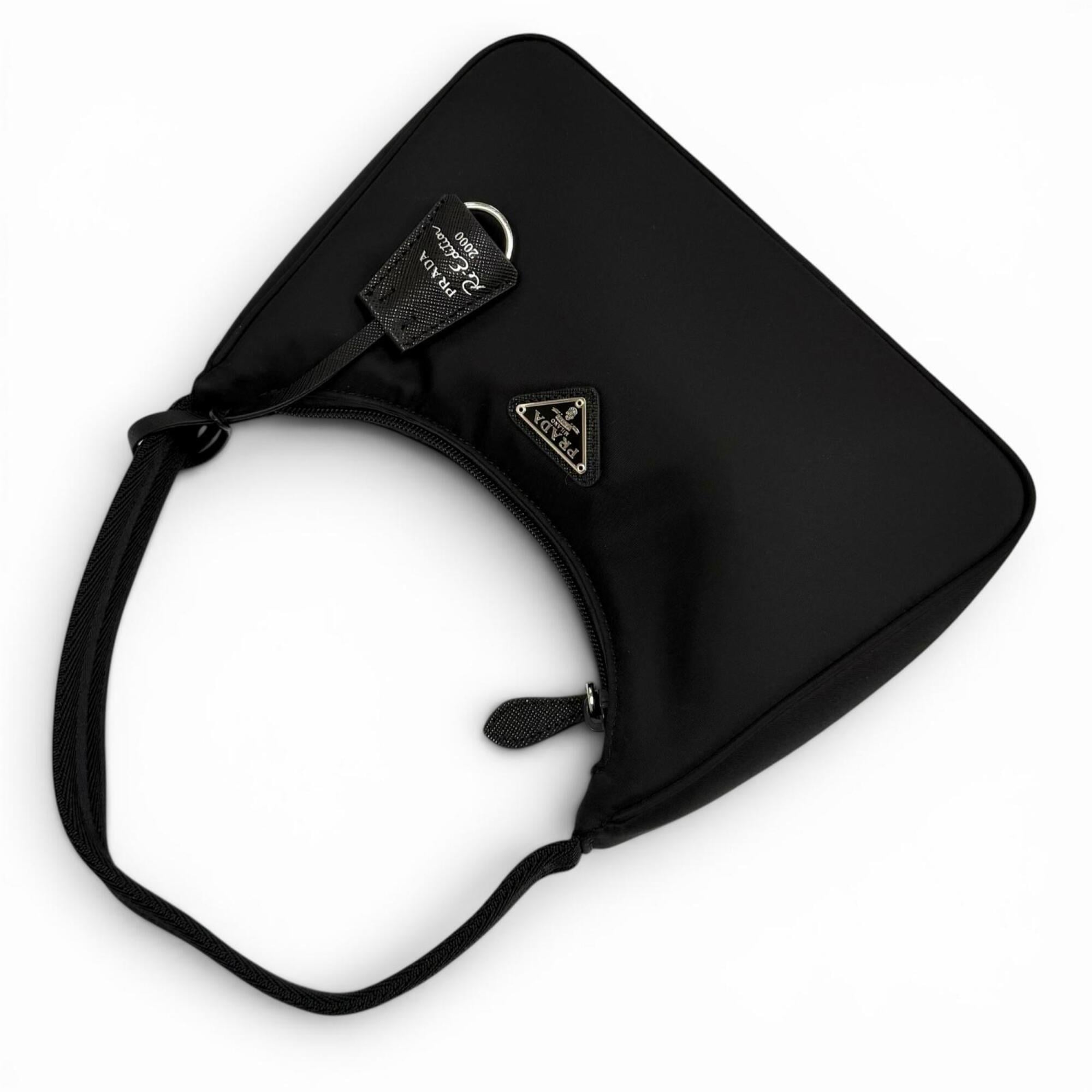 PRADA 1NE515 Re-Edition 2000 Re-Nylon Mini Bag with Triangle Plate Charm, One-Shoulder Bag, Black, Made in Italy, Women's, Dust — Like New