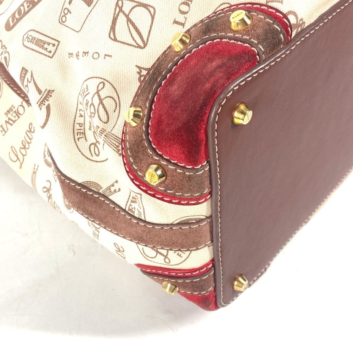 LOEWE 160th Anniversary Logo Anagram Drawstring Bag Shoulder Canvas Leather Women's Beige