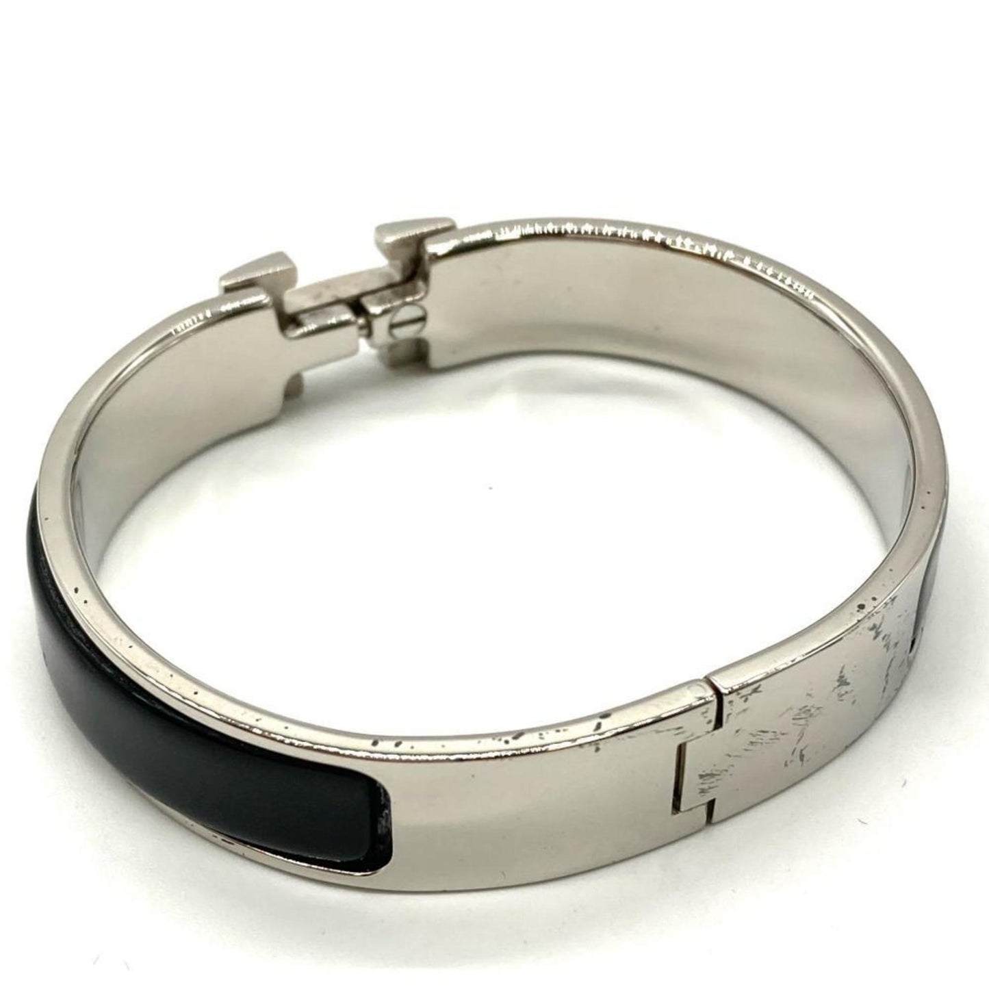 Hermes HERMES H Click Silver Bangle Cuff Enamel Black D Engraved