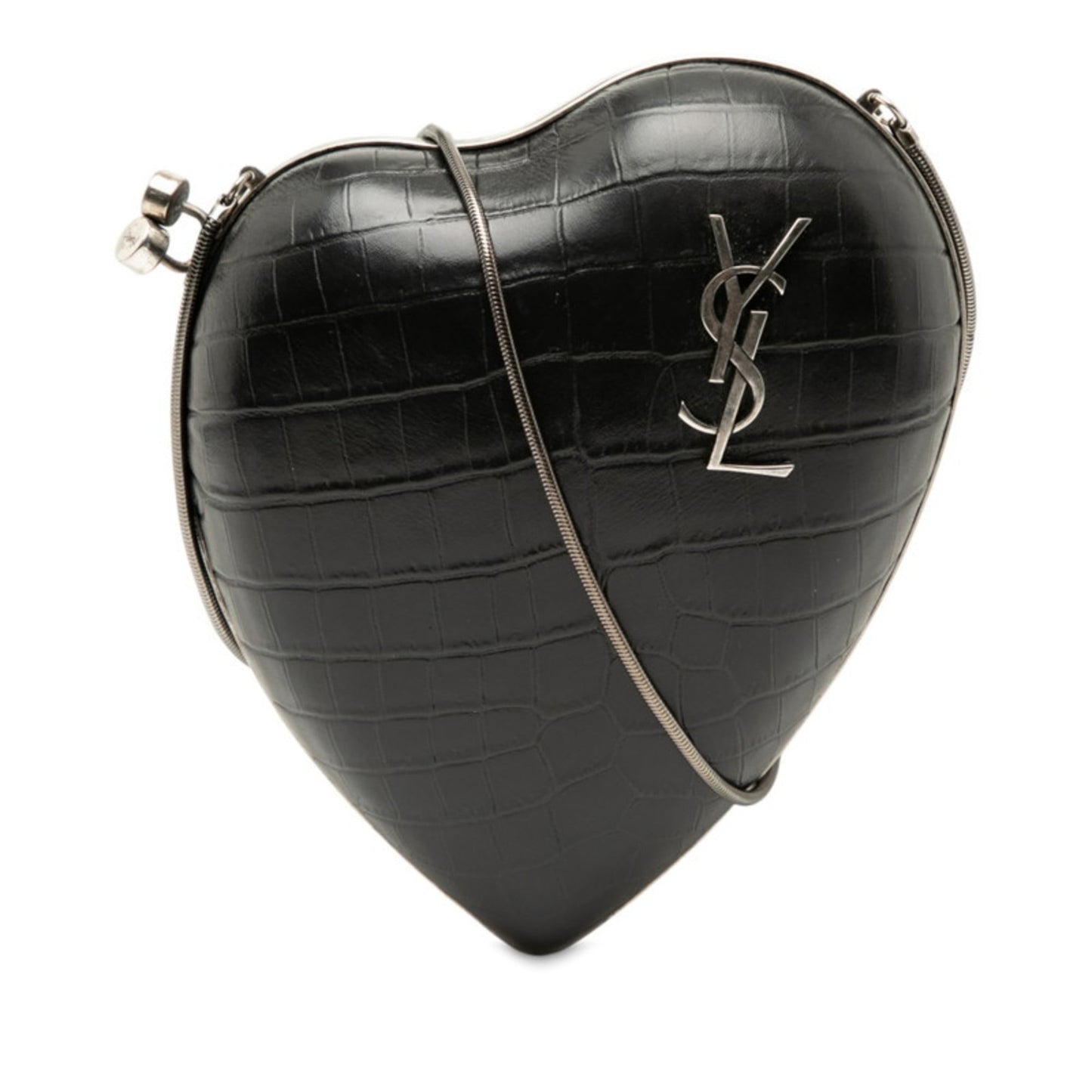Saint Laurent YSL Logo Heart-Shaped Crocodile Embossed Love Box Shoulder Bag 466212 Black Leather Women's SAINT LAURENT