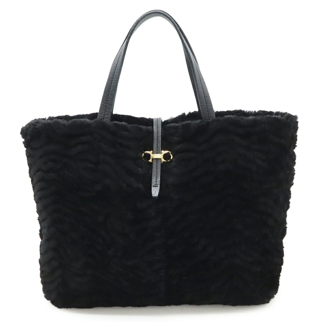 Salvatore Ferragamo Gancini handbag tote bag in black with fur FJ-21 D415