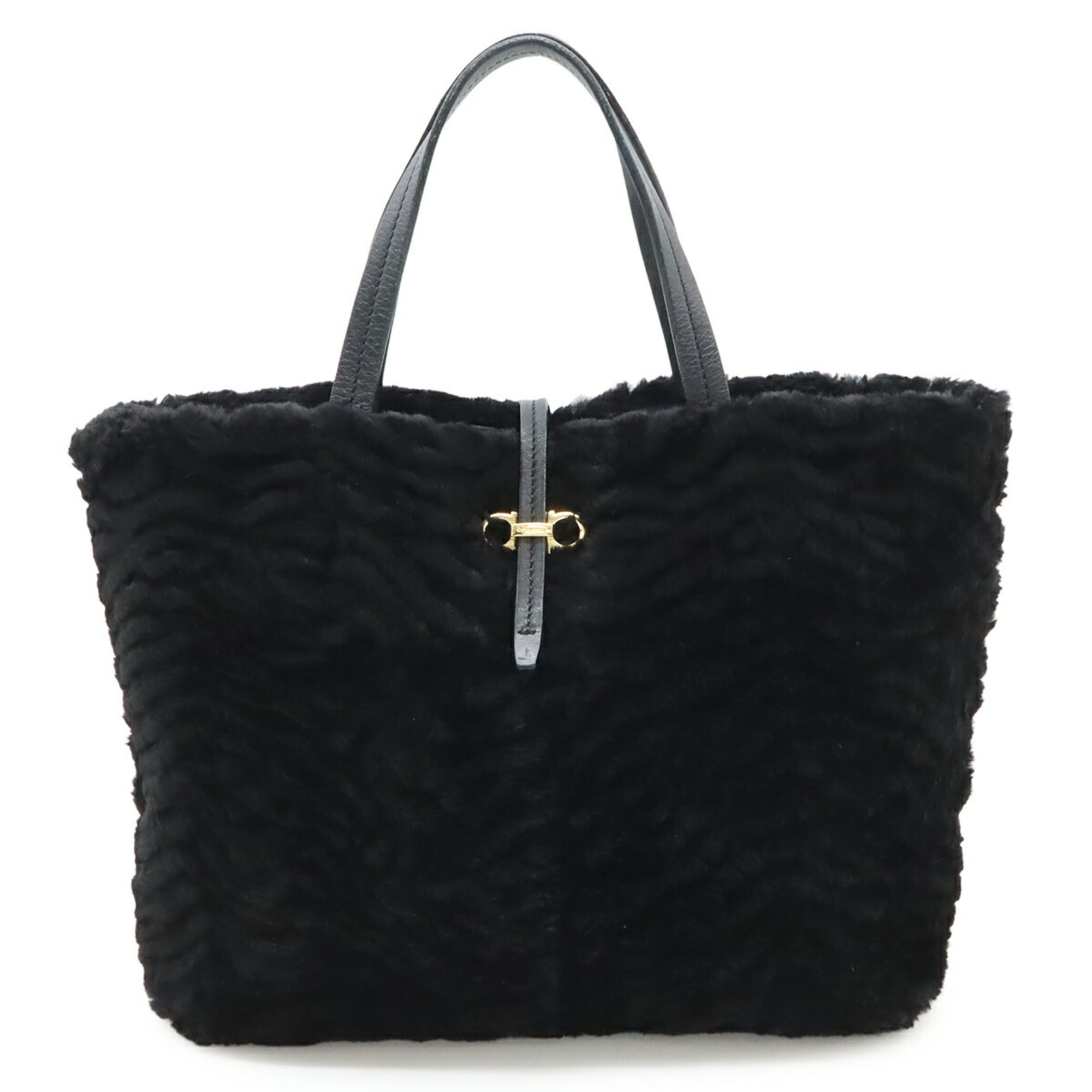 Salvatore Ferragamo Gancini handbag tote bag in black with fur FJ-21 D415