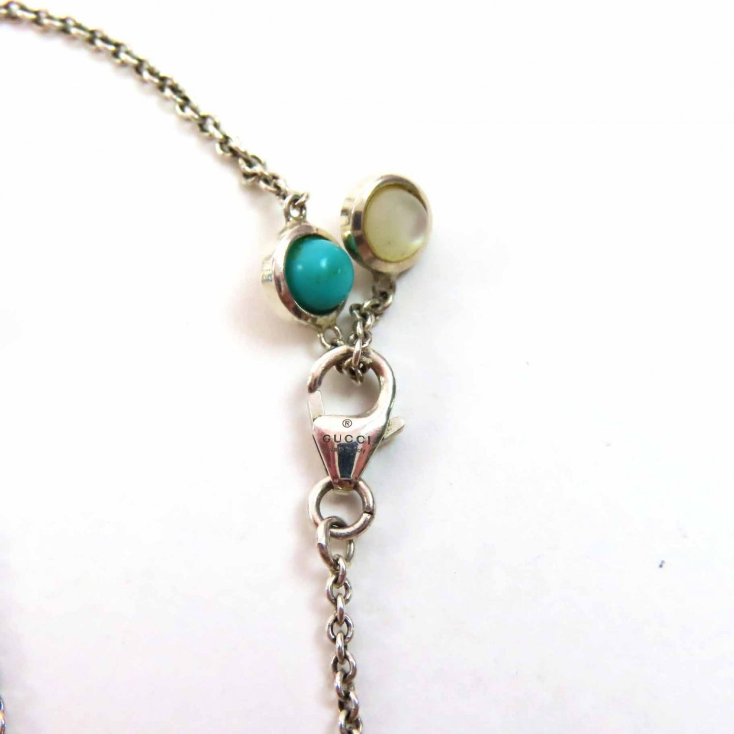 GUCCI 527399 Double G Mother-of-Pearl Necklace, Current Model, AG925, Colored Stones, Silver, Light Blue, Made in Italy, Weight 10.6g, Women's