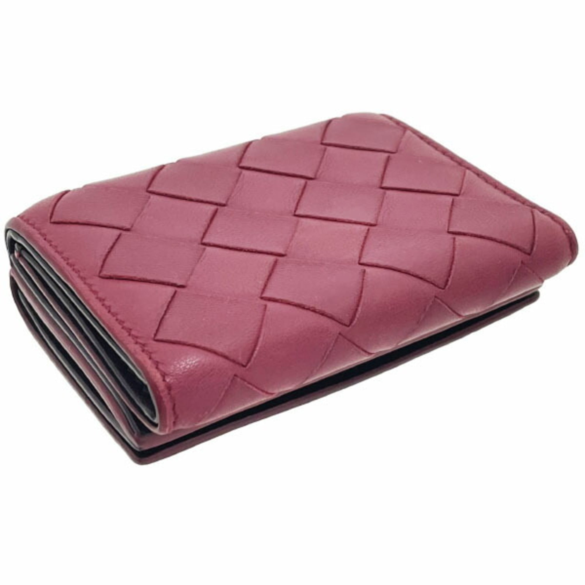 Bottega Veneta Intrecciato Tri-fold Wallet in Wine Red Leather with Mesh Tri-fold, Double Wallet, Compact Mini AYM-15789