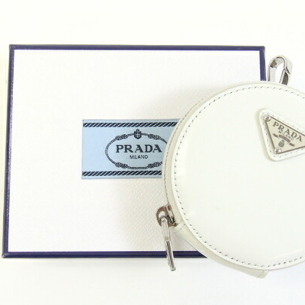 Prada Mini Pouch Wallet/Coin Case 1TL431 White Leather Coin Purse Accessory Bag Charm Round Keychain Triangle Plate PRADA | Handbag Attachment Carabiner — Like New