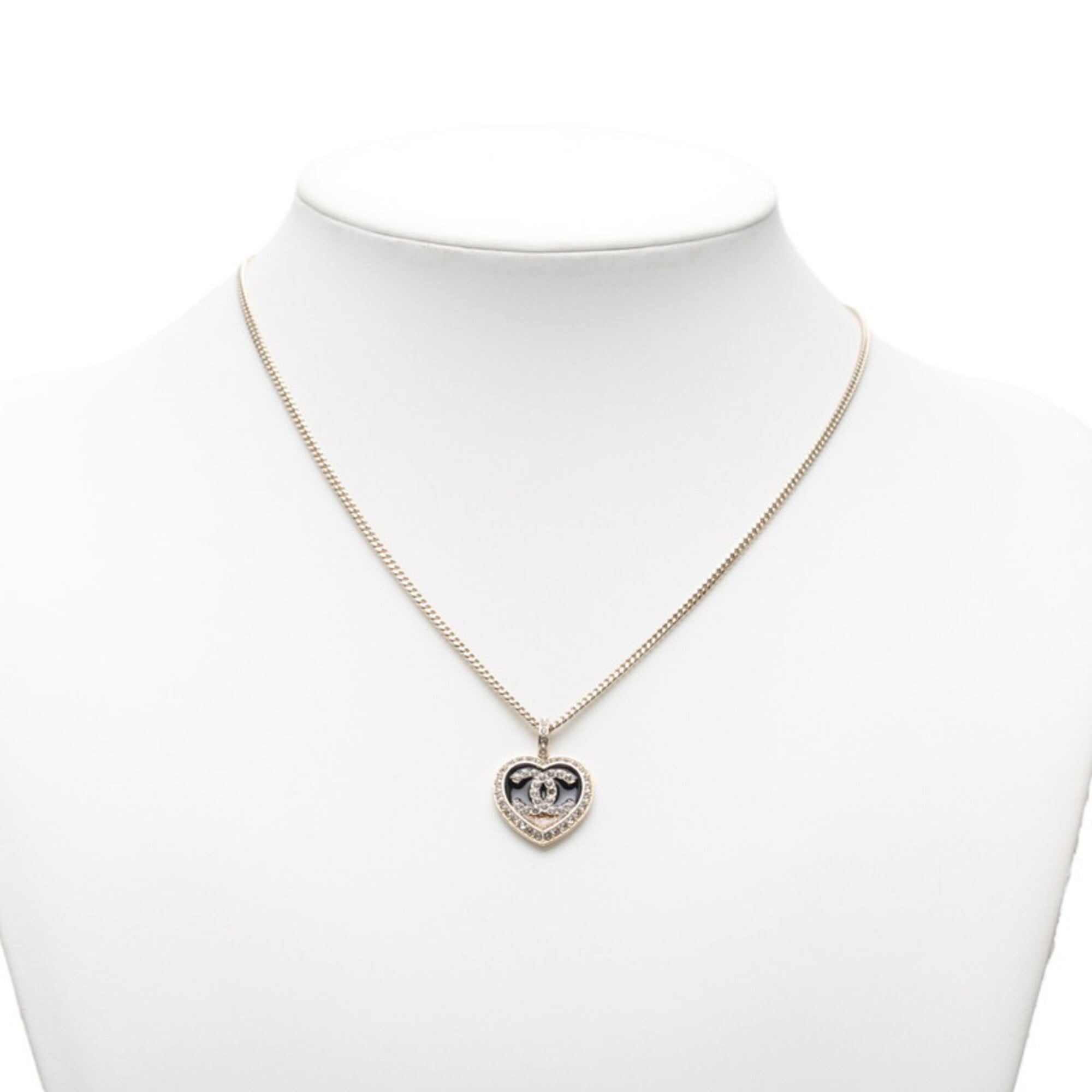 Chanel Coco Mark Heart Motif Necklace, Gold and Black Plated Rhinestones, Women's CHANEL — Like New