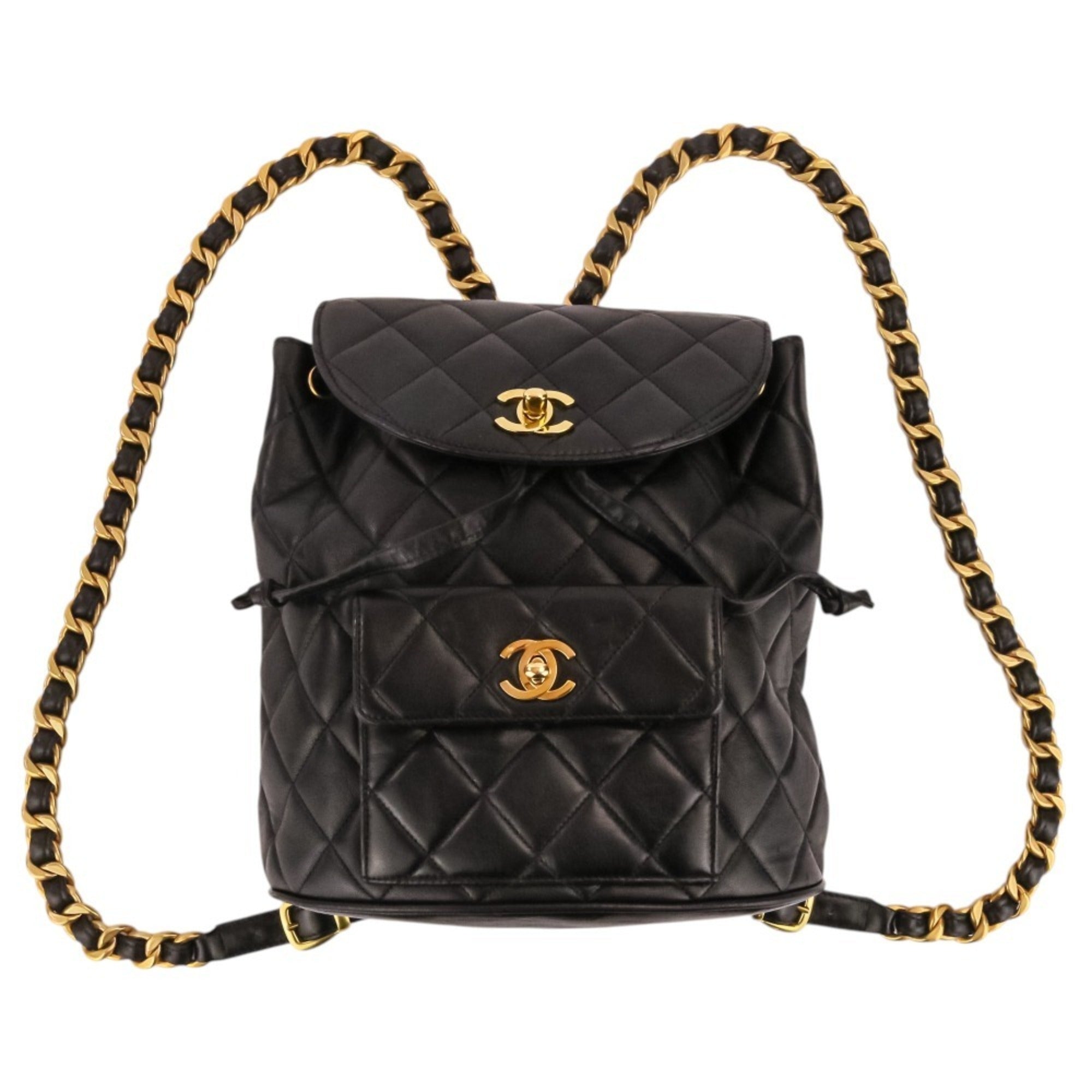 CHANEL Vintage Matelassé Lambskin Chain Shoulder Turnlock Backpack Rucksack Black Women's — Like New