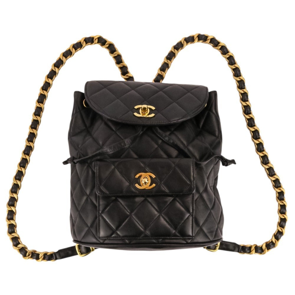 CHANEL Vintage Matelassé Lambskin Chain Shoulder Turnlock Backpack Rucksack Black Women's — Like New