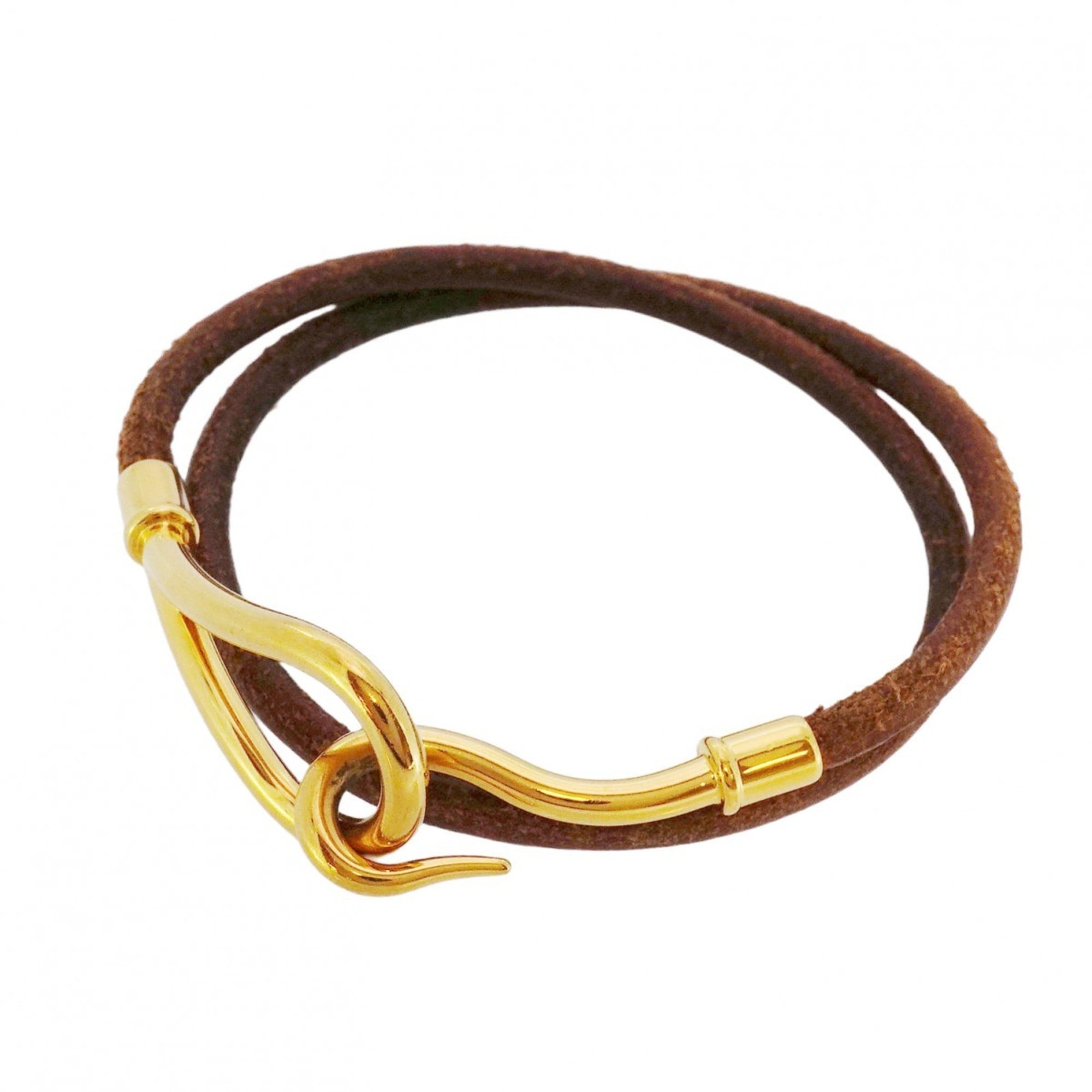 Hermes Jumbo Hook Bracelet, GP Plated Leather, Gold, Brown, Women's
