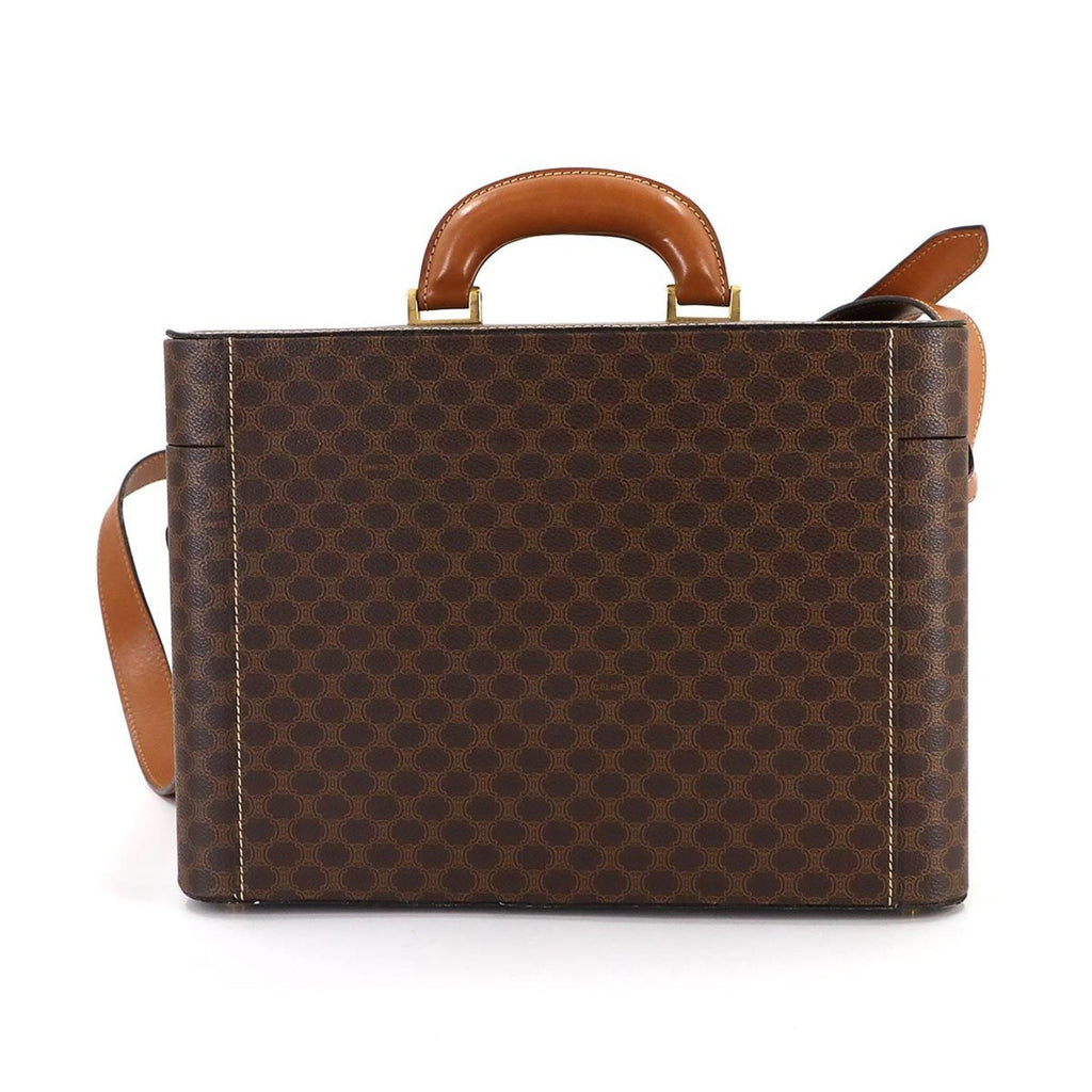 Celine Macadam Vanity 2-way hand/shoulder bag in brown PVC leather with gold hardware.