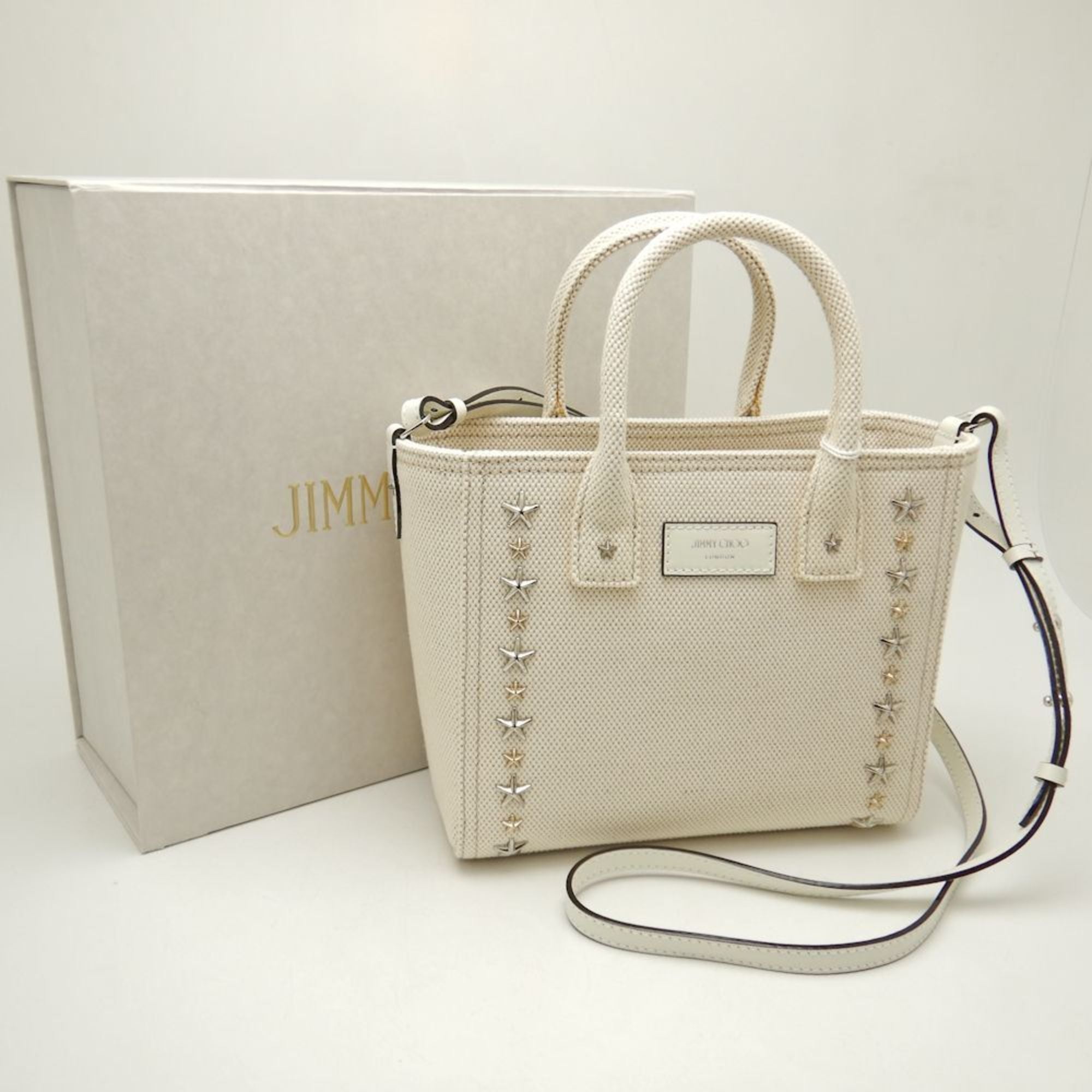 JIMMY CHOO Pegasi S CXH211 Handbag Star Studded Canvas x Leather NATURAL 251552