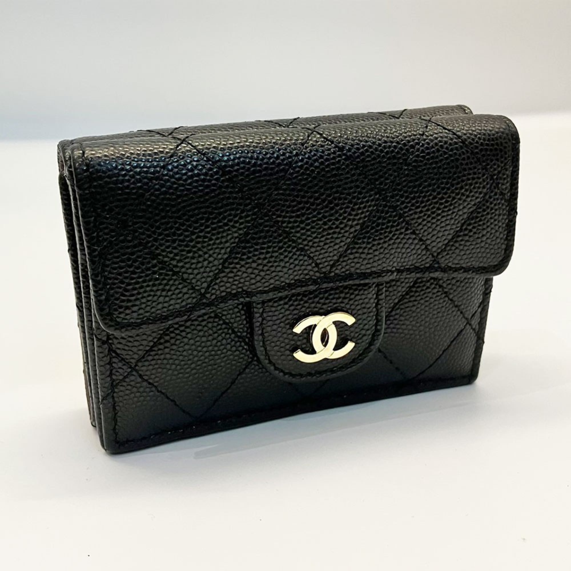 CHANEL Caviar Leather Tri-fold Wallet, Black, Women's, Matelasse