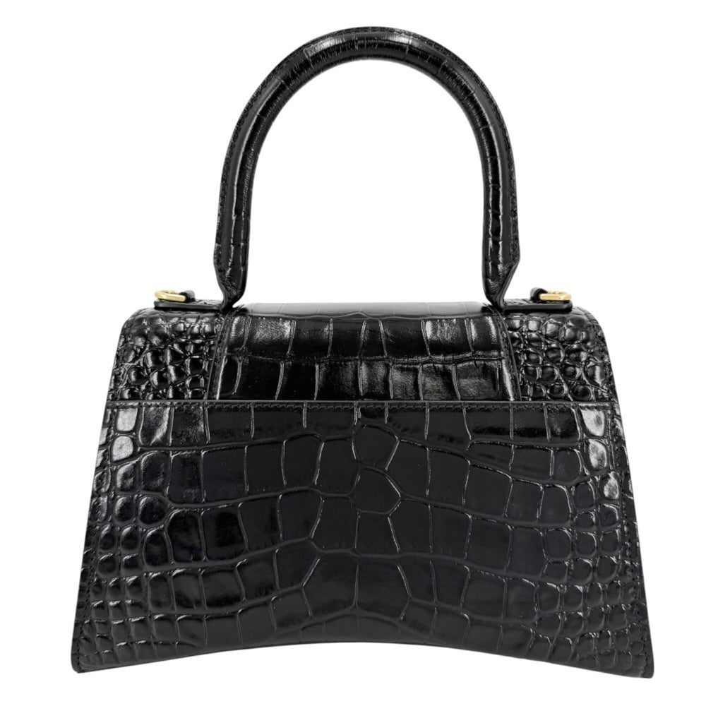 Balenciaga Women's Hourglass Small Handbag Shoulder Bag Crossbody HOURGLASS Crocodile Embossed Leather Top Handle BALENCIAGA 593546 Black Antique Gold Hardware — Like New