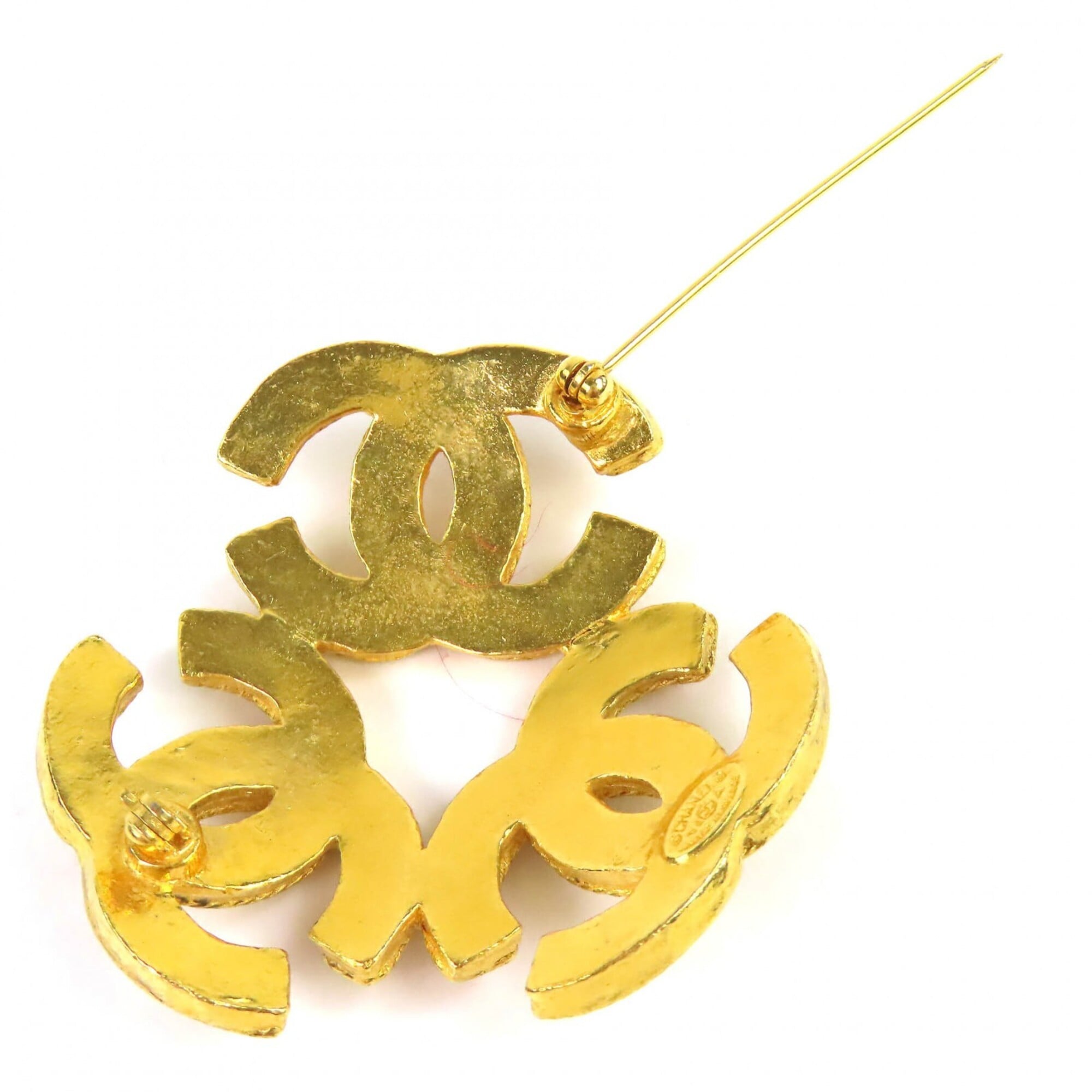 CHANEL Vintage 1994 (94A) Triple Coco Mark Brooch, Large Size, Gold, with Box, Made in France, Women's, Highly Recommended ◎ — Like New
