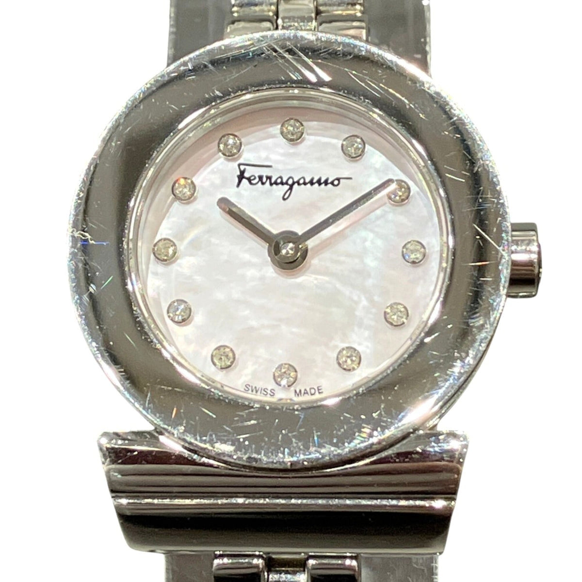 Salvatore Ferragamo Gancini watch, total weight 34.6g, stainless steel, quartz movement, pink mother-of-pearl dial, SFBF00118 — Good