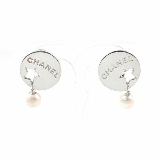 CHANEL Round Plate Star Earrings, 925 Sterling Silver with Faux Pearls, Women's