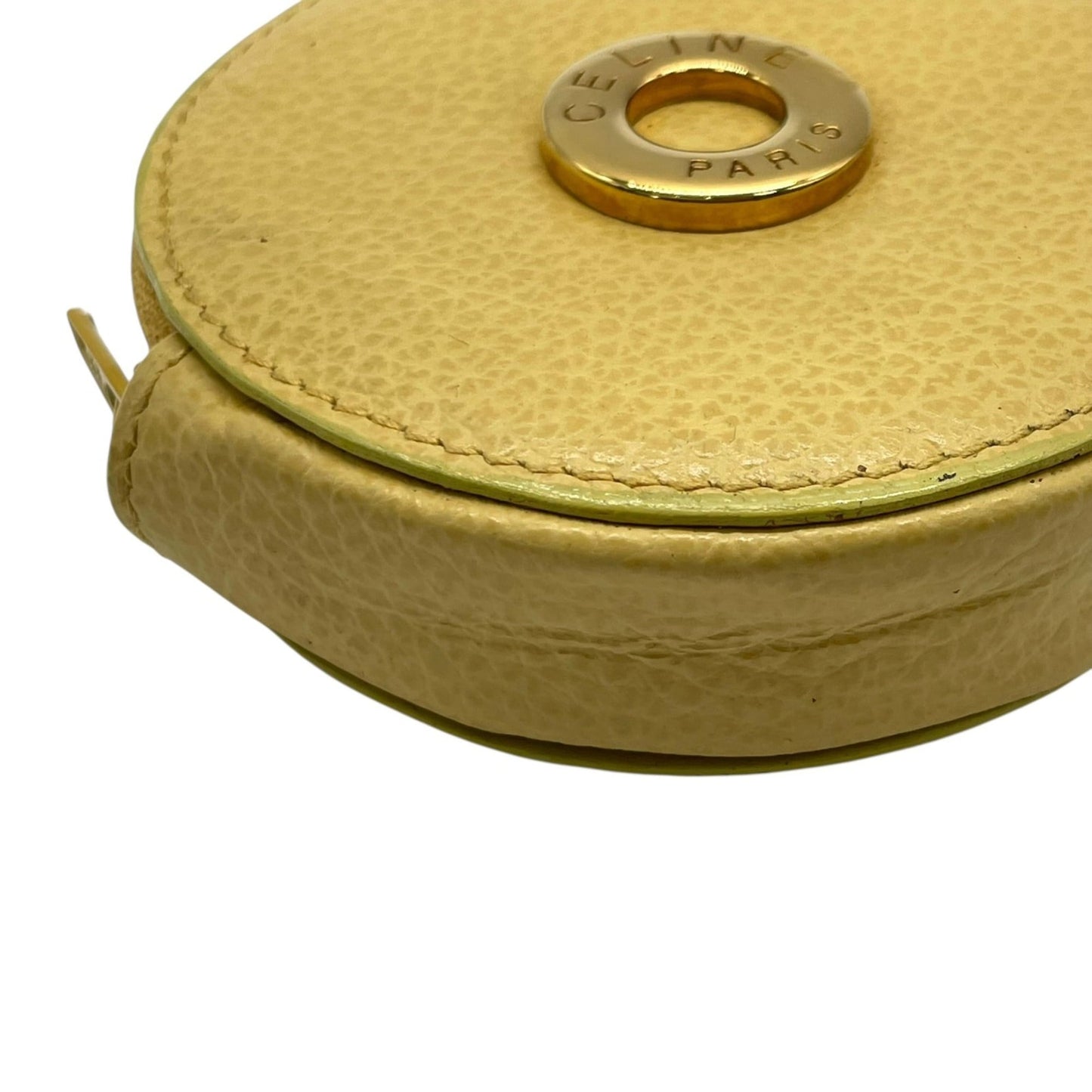 Celine Round Circle Logo Wallet/Coin Case, Beige, Gold Hardware, Yellow Leather, M3