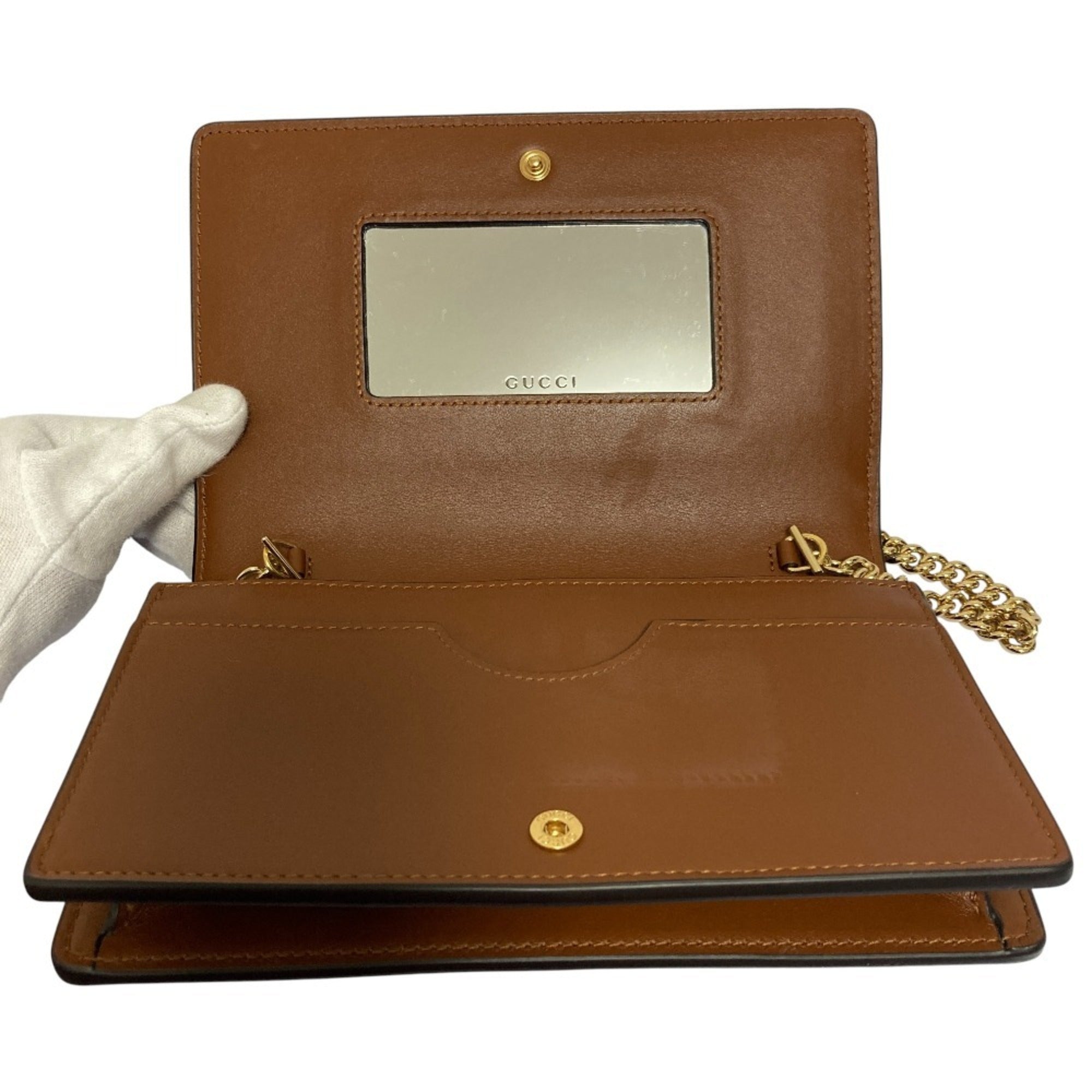 GUCCI GG Matelasse Leather Wallet, Chain Shoulder Bag, 723787, Brown, Women's — Like New