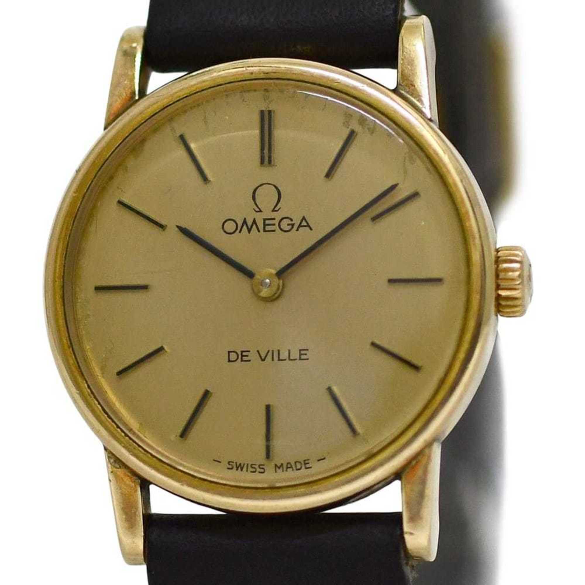 Omega De Ville Watch f-25030 Gold Black Women's SS Leather Manual Winding OMEGA Dial Analog Stainless Steel — Good