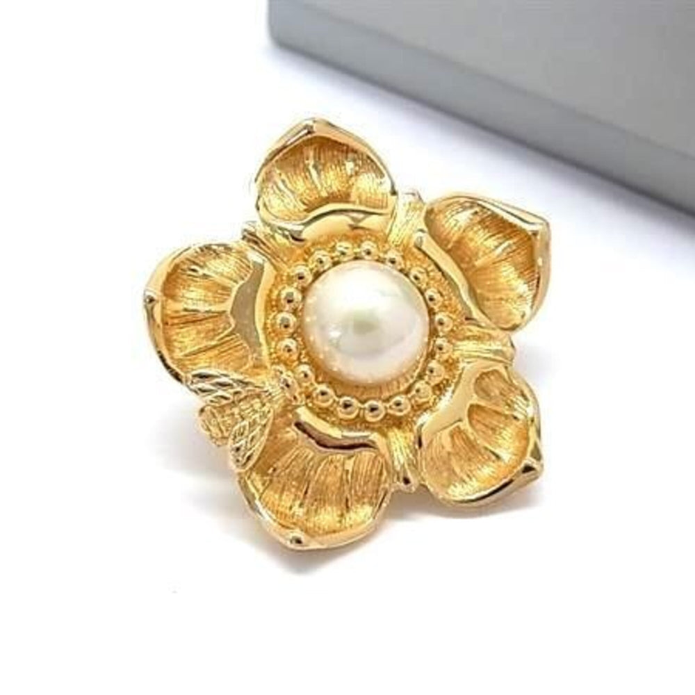 Christian Dior brooch, pin gold metal, faux pearl, women's, flower, bee — Like New