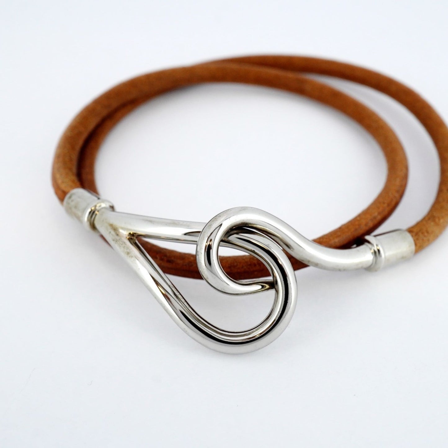 Hermes Jumbo Hook Bracelet, Metal, Leather, Silver, Brown, Women's