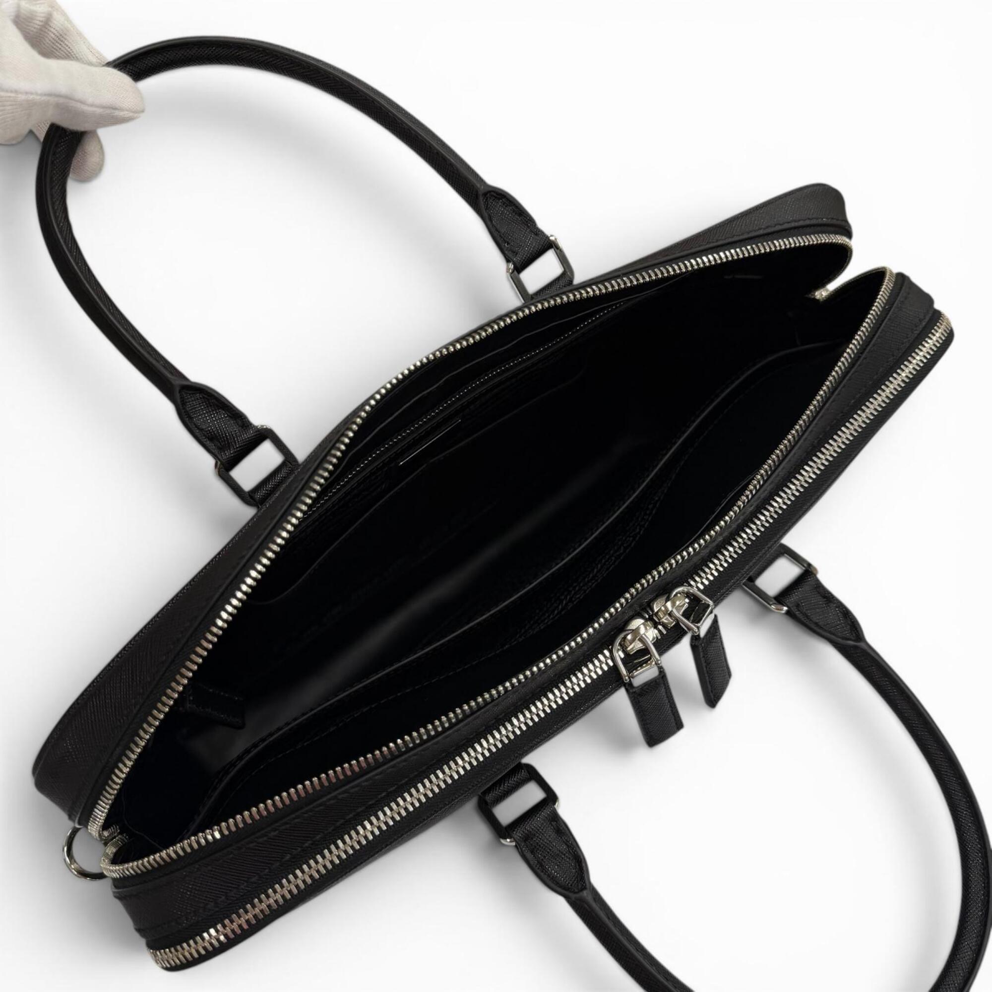 PRADA 2VE022 Saffiano Leather Triangle Logo 2-Way Briefcase Business Bag Black Made in Italy Men's — Like New