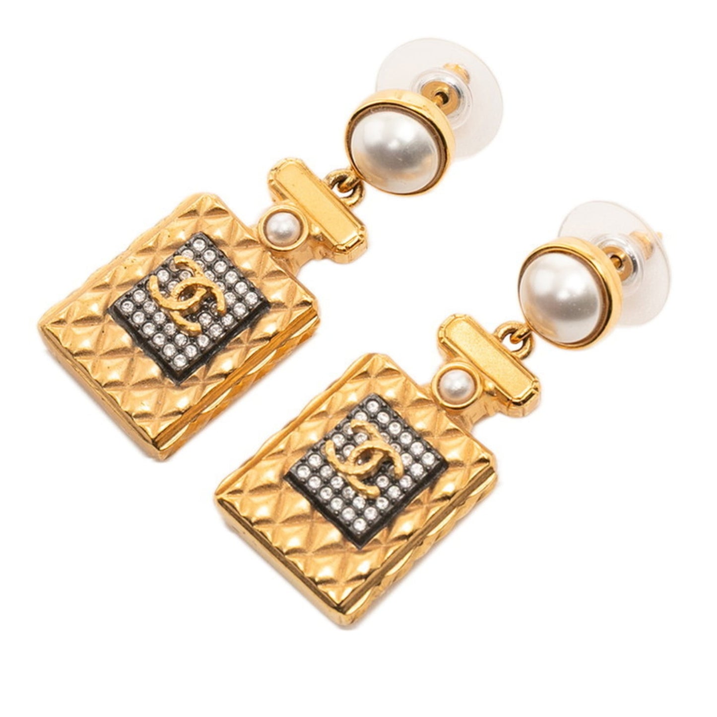 CHANEL Coco Mark Pearl Rhinestone Perfume Motif Earrings, Gold Plated, Women's