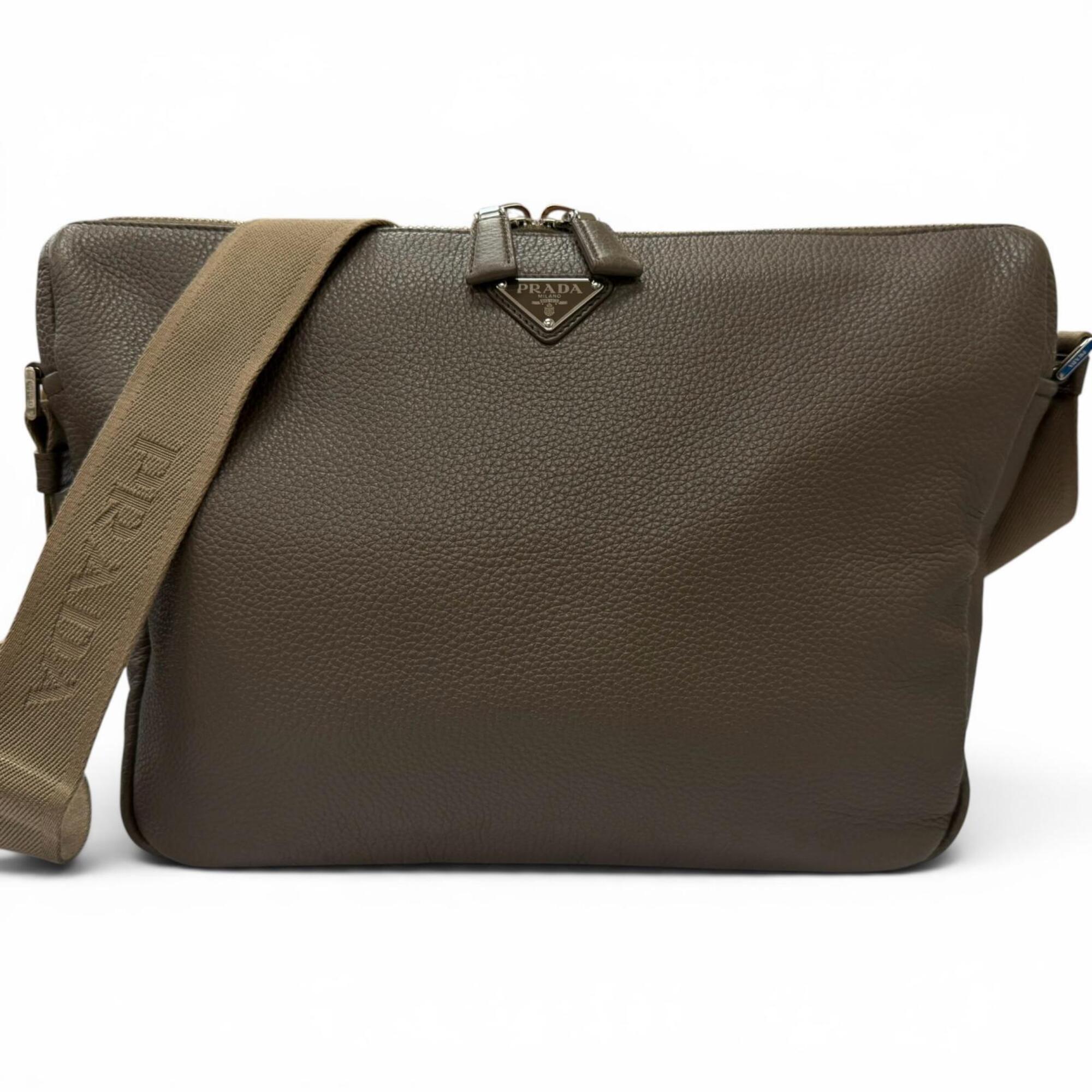 PRADA 2VH182 Vitello Daino Leather Triangle Logo Crossbody Shoulder Bag, Greige, Made in Italy, Men's — Like New