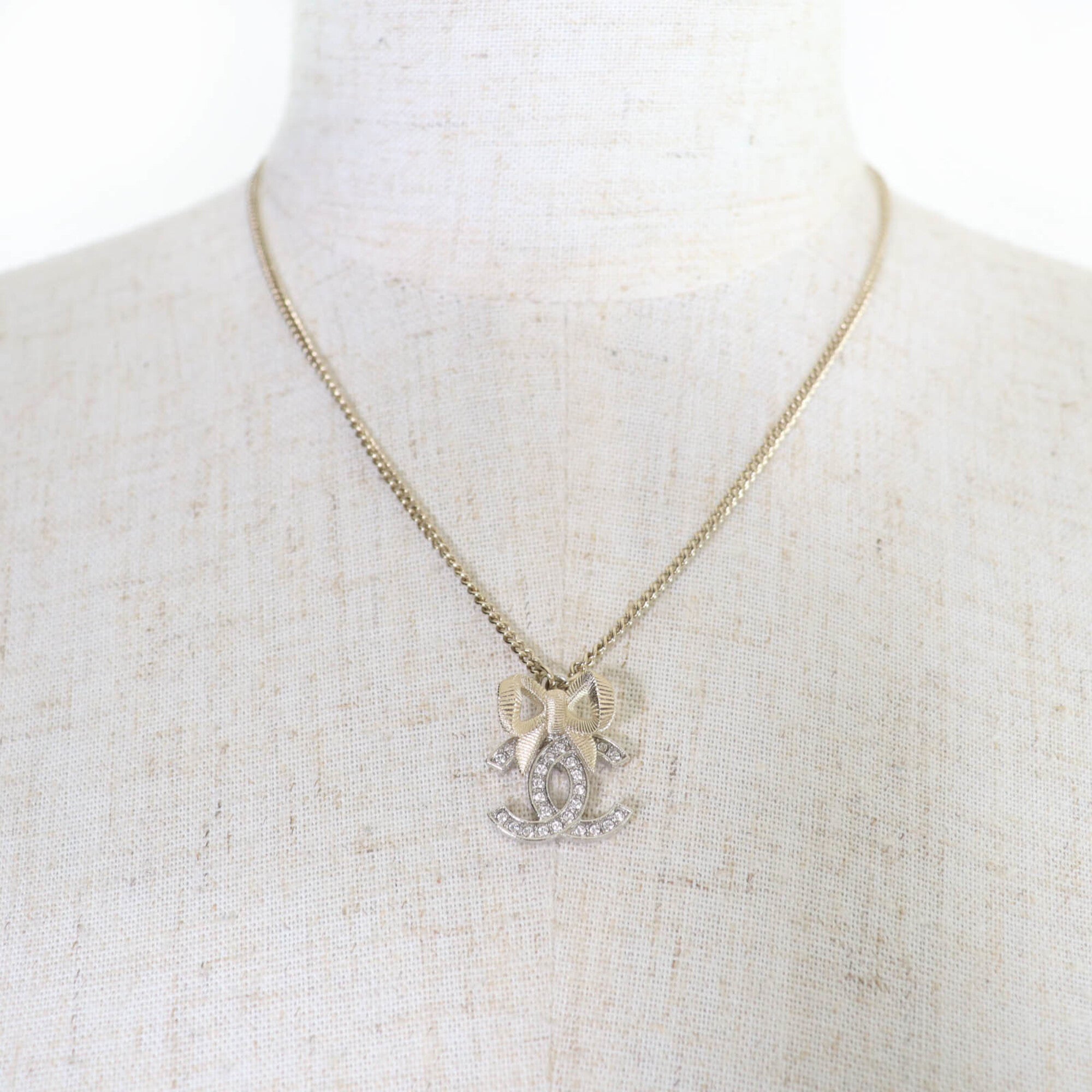 CHANEL B24K Coco Mark Ribbon Rhinestone Necklace, Champagne Gold, with Box, Made in Italy, Women's — Like New