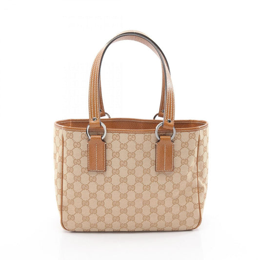 Gucci GG Canvas Tote Bag, and Leather, Women's, Beige Brown, 113019