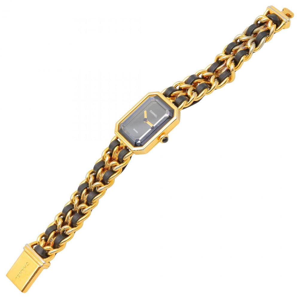 CHANEL Premiere M Watch, Gold-Plated, with Leather Strap, Black, Women's, H0001 — Very Good