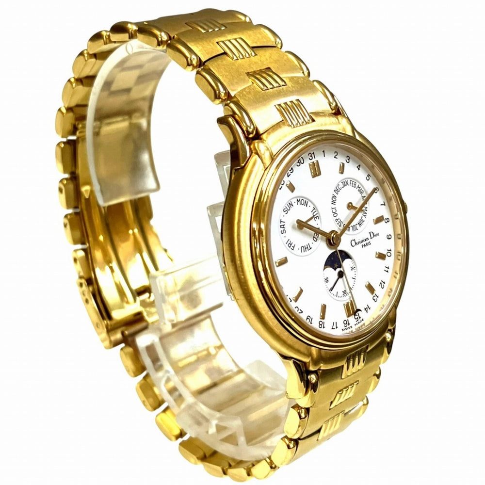 Christian Dior Moon Phase Triple Calendar Watch, Total Weight 70.6g, GP (Gold Plated) finish, Quartz movement, White dial, Item No. 61.271 — Good