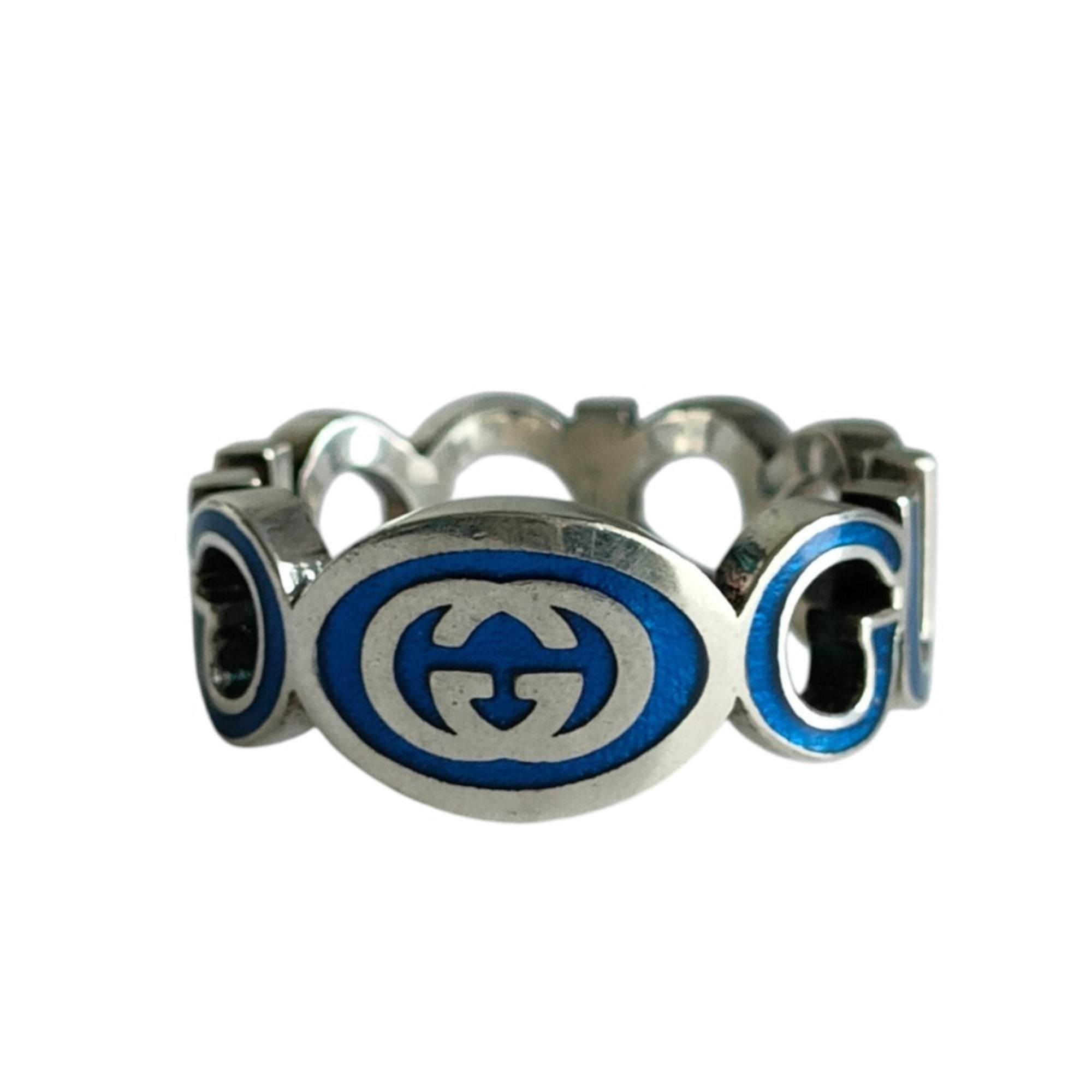 GUCCI 925 Interlocking GG Logo Silver Ring, Size 16 (equivalent to size 1), with Box, Blue Silver, Men's/Women's — Like New