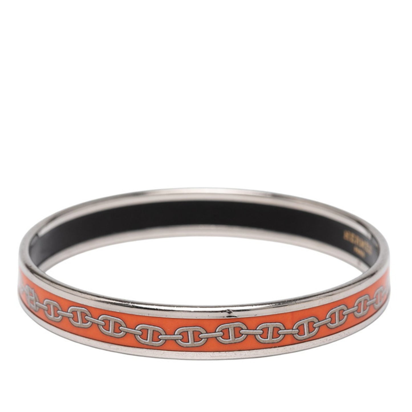 Hermes enamel Chaine d'Ancre motif bangle in silver and orange metal for women.
