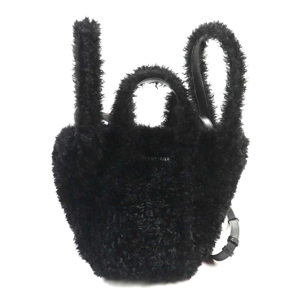 BALENCIAGA Everyday 2.0 XS (672793) Logo Embroidered F-Fur Shoulder Tote Bag, Black, Includes Dust Made in Italy — Like New