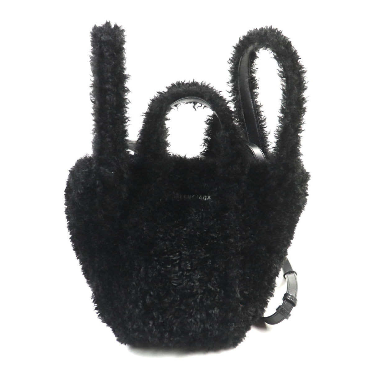 BALENCIAGA Everyday 2.0 XS (672793) Logo Embroidered F-Fur Shoulder Tote Bag, Black, Includes Dust Made in Italy — Like New
