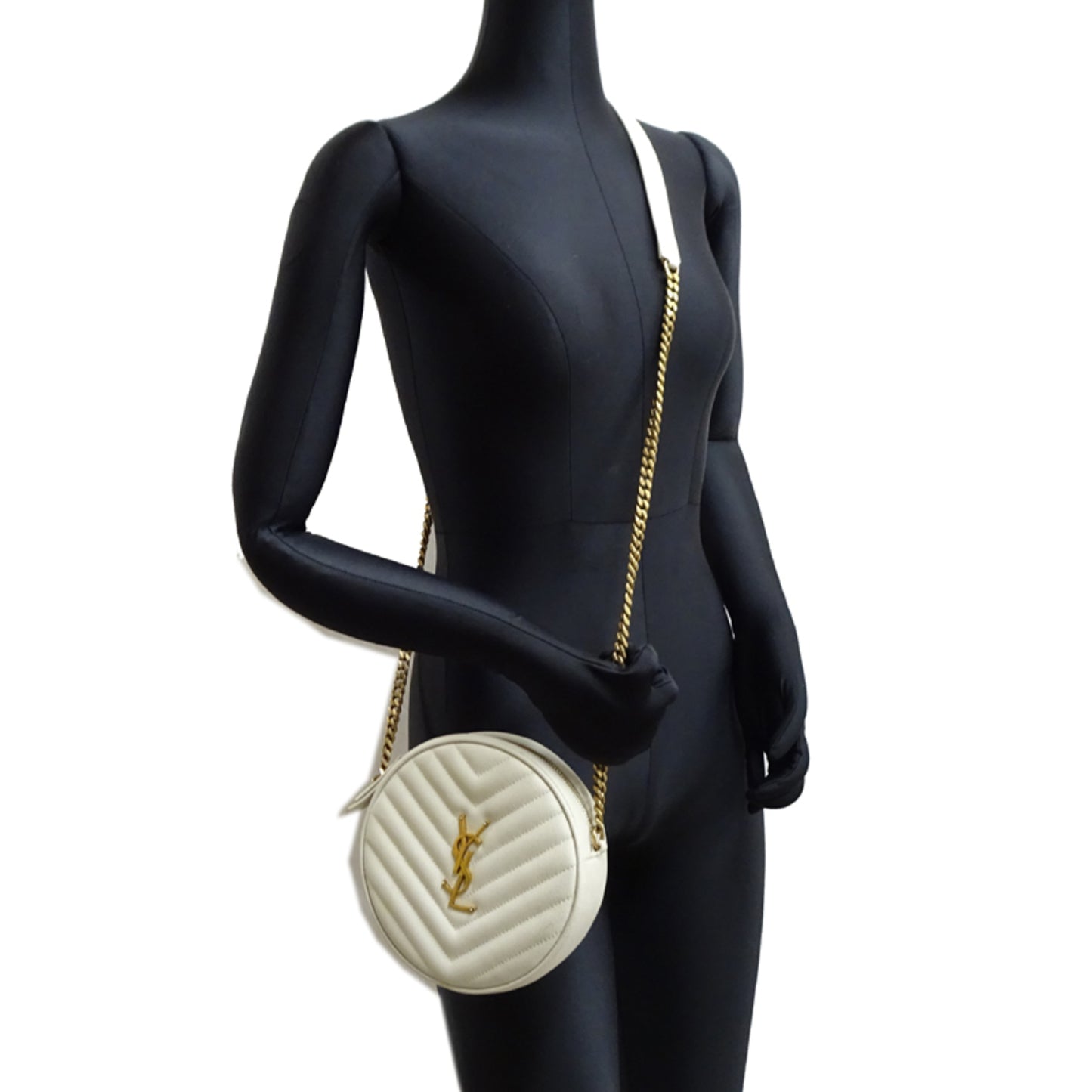 Saint Laurent Vinyl Chain Shoulder Bag, Women's, 610436, Leather, Ivory (White)