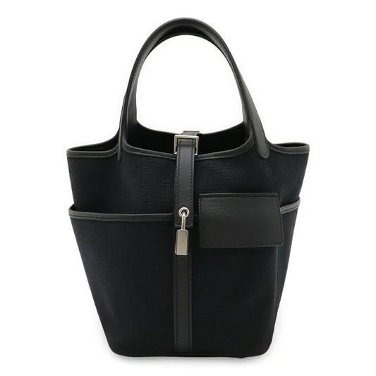 HERMES Picotin Lock PM Handbag/Tote Bag in Toile Goelan Swift Leather, Black, with U Stamp