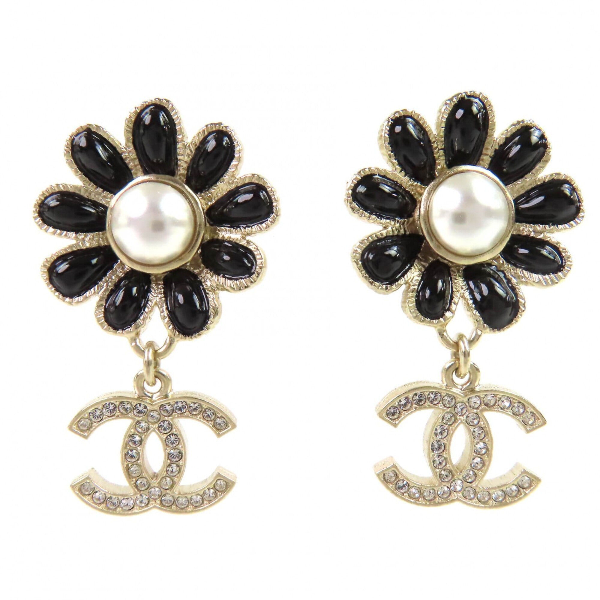 CHANEL A22K GP Coco Mark Flower Rhinestone Faux Pearl Swing Earrings (Pair) Gold Black Made in France Women's Stylish and Cute Recommended ◎ — Like New