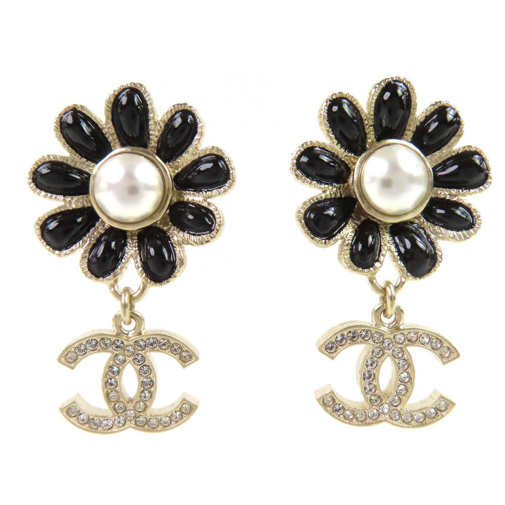 CHANEL A22K GP Coco Mark Flower Rhinestone Faux Pearl Swing Earrings (Pair) Gold Black Made in France Women's Stylish and Cute Recommended ◎ — Like New